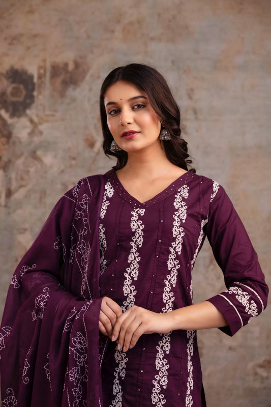 Plum Cotton Embroidered Suit Set with Dupatta – Elegant Ethnic Wear for Women
