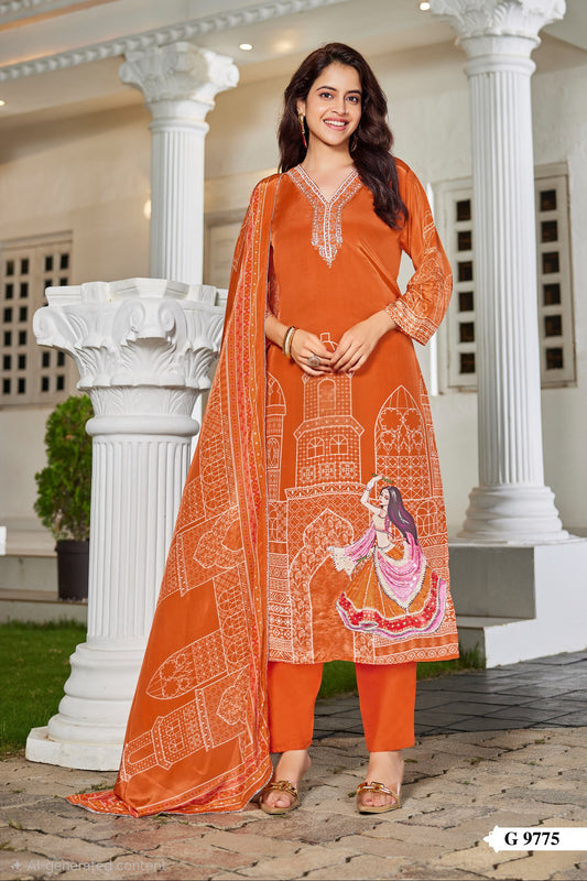 Pure natural crepe kurti pant dupatta set with handwork and cotton lining for women