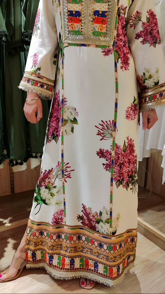 Women’s muslin long kaftan maxi dress off white floral print, yoke detailing, full length, sizes M-3XL