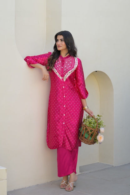 Gajji Silk Bandhani Printed Kurta Pant Set for Women with Mirror Work – Festive Wear, Sizes M to XXL