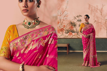 Pure Kaddi Georgette Zari Weaving Saree in Fuchsia Pink with Floral Jaal and Heavy Pallu – Festive and Wedding Wear Saree for Women
