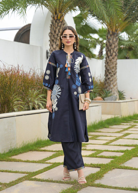 Navy Blue Roman Silk Embroidered Kurta Pant Set for Women – Elegant Two-Piece Festive and Semi-Formal Outfit