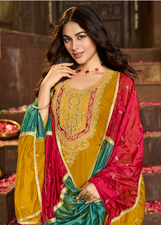 Pure Crepe Kurta Pant Dupatta Set with Heavy Embroidery and Organza Dupatta – Festive Ethnic Wear for Women