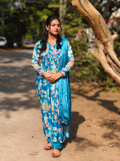 Blue Chinnon Alia Cut Suit Set