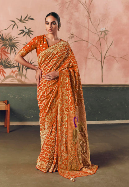 Pure Kaddi Georgette Zari Weaving Saree in Rust-Orange with Bandhani-Inspired Pattern and Antique Gold Border – Festive & Wedding Wear for Women