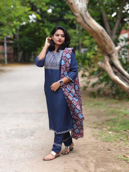 Chic Embroidery Bliss: Cotton Kurta, Pant & Dupatta Collection