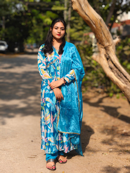 Blue Chinnon Alia Cut Suit Set