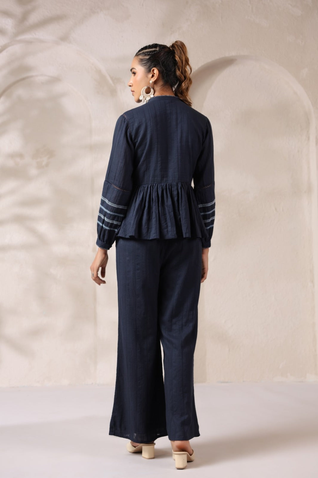 Women’s cotton hand-embroidered navy co-ord set with peplum top and straight pants, size 38–44