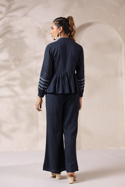 Women’s cotton hand-embroidered navy co-ord set with peplum top and straight pants, size 38–44