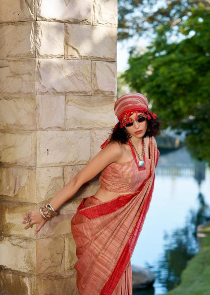 Handloom Style Katan Silk Saree with Red Zari Border – Elegant Office & Festive Wear Saree for Women