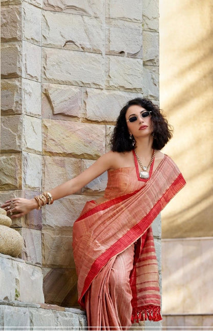 Handloom Style Katan Silk Saree with Red Zari Border – Elegant Office & Festive Wear Saree for Women