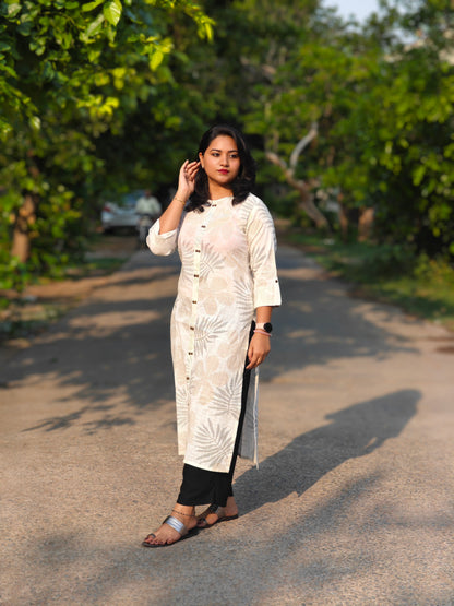 Off White Cotton Foil Print Straight Kurta 2171