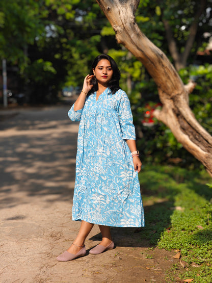 Sky Blue Cotton Floral Print Flared Kurta 4006
