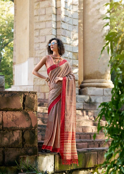 Handloom Style Katan Silk Saree with Red Zari Border – Elegant Office & Festive Wear Saree for Women