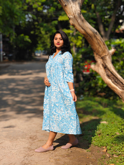 Sky Blue Cotton Floral Print Flared Kurta 4006