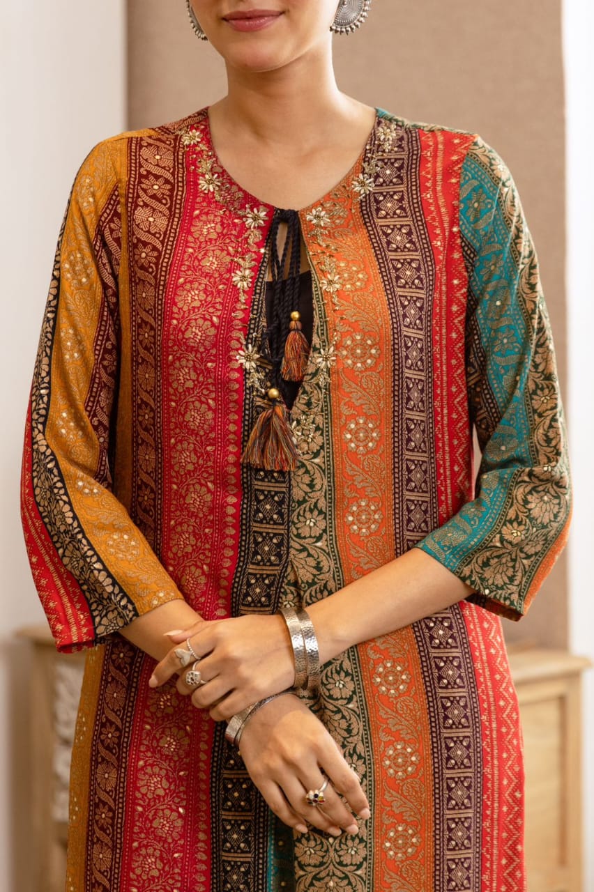 German Rayon Printed Kurta Pant Set for Women with Detailing Work – Sizes 38–46