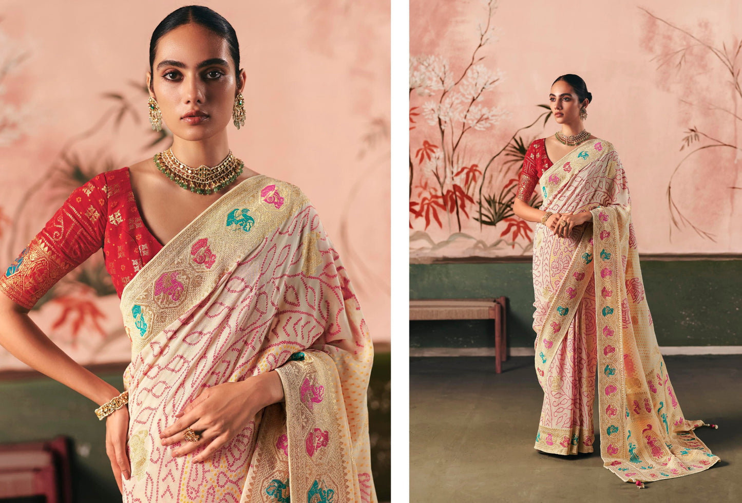 Pure Kaddi Georgette Zari Weaving Saree in Ivory Cream with Multi-Colour Meenakari-Style Floral Design – Festive and Wedding Wear Saree for Women