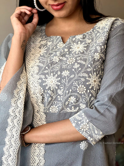 Graceful Grey: Embroidered Kota Doria Ensemble 2432