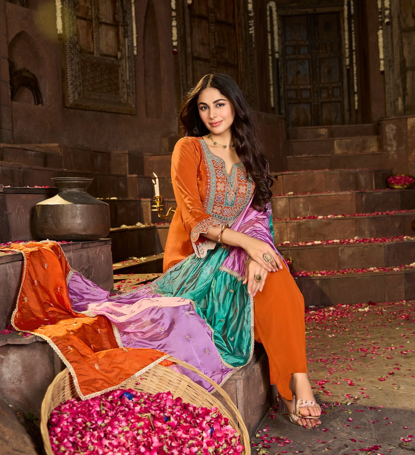 Pure Crepe Kurta Pant Dupatta Set with Heavy Embroidery and Organza Dupatta – Festive Ethnic Wear for Women