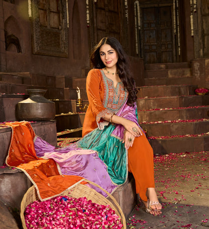 Pure Crepe Kurta Pant Dupatta Set with Heavy Embroidery and Organza Dupatta – Festive Ethnic Wear for Women