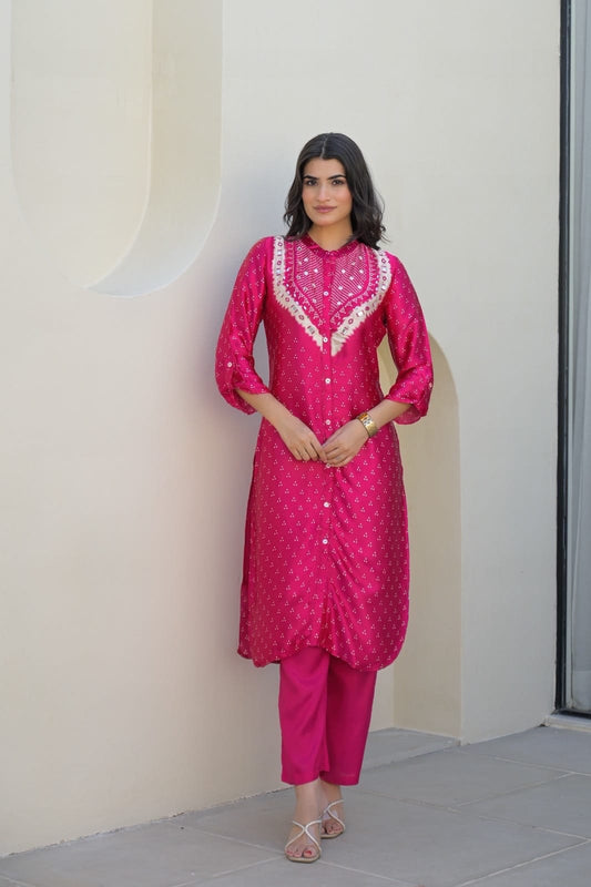 Gajji Silk Bandhani Printed Kurta Pant Set for Women with Mirror Work – Festive Wear, Sizes M to XXL