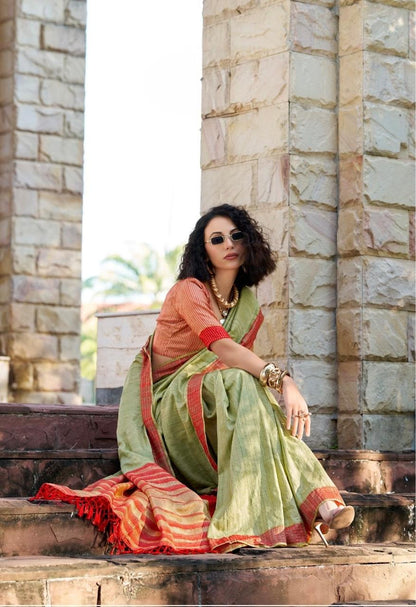 Handloom Style Katan Silk Saree with Red Zari Border – Elegant Office & Festive Wear Saree for Women