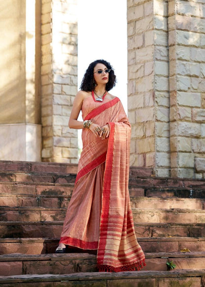Handloom Style Katan Silk Saree with Red Zari Border – Elegant Office & Festive Wear Saree for Women