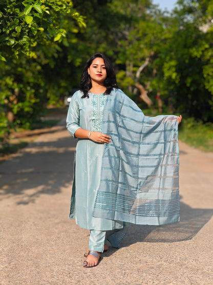 Turquoise Poly Silk Thread Work Kurta With Pant 511