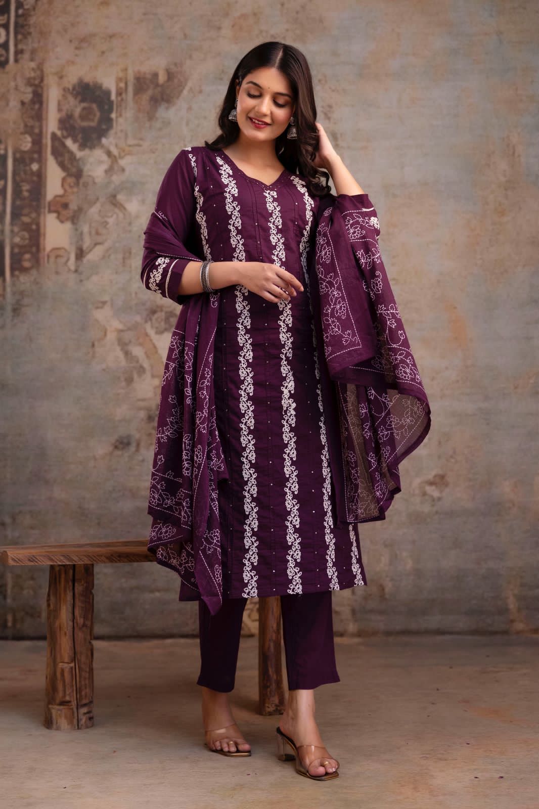 Plum Cotton Embroidered Suit Set with Dupatta – Elegant Ethnic Wear for Women
