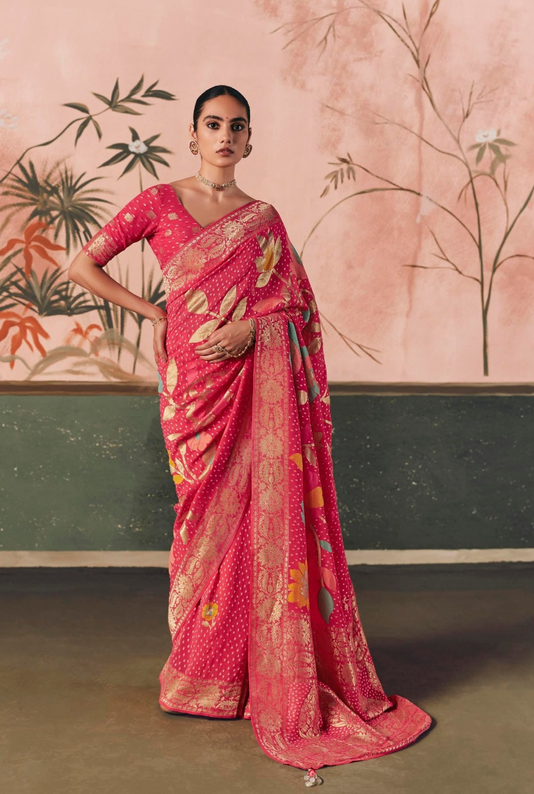 Pure Kaddi Georgette Zari Weaving Saree in Rani Pink with Circular Motifs and Floral Accents – Festive & Wedding Wear Saree for Women