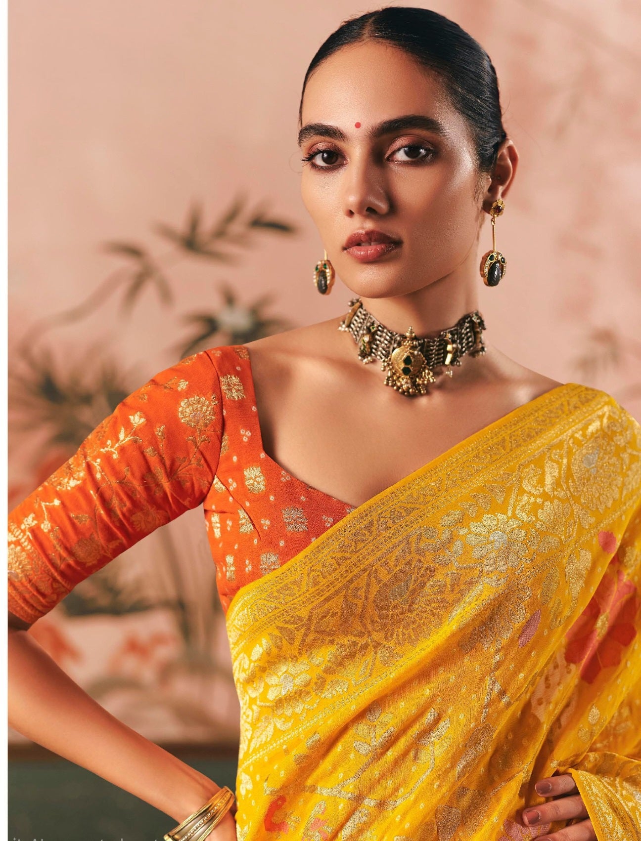 Pure Kaddi Georgette Zari Weaving Saree in Mustard Yellow with All-Over Jaal and Floral Buti Work – Festive & Wedding Wear Saree for Women