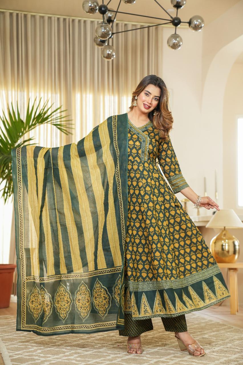 Bottle Green Cotton Anarkali Suit Set with Block Print and Dupatta – Women’s Festive Wear