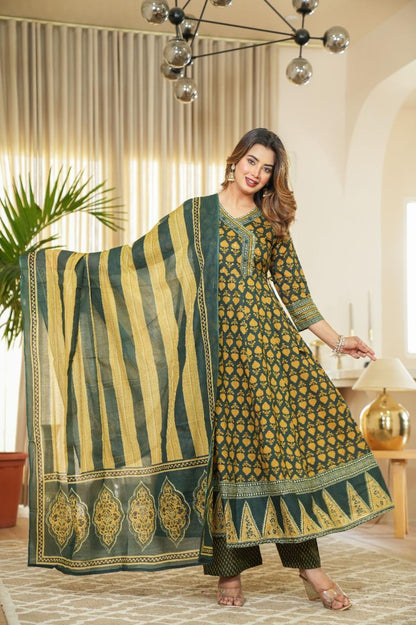 Bottle Green Cotton Anarkali Suit Set with Block Print and Dupatta – Women’s Festive Wear