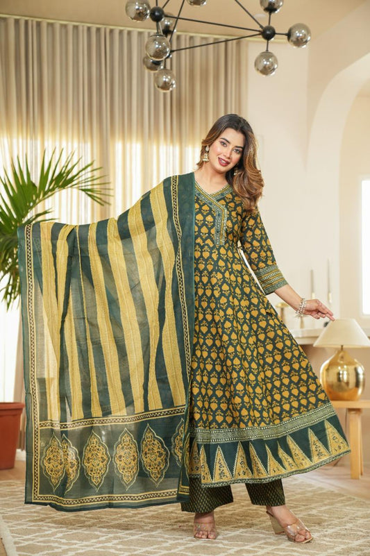 Bottle Green Cotton Anarkali Suit Set with Block Print and Dupatta – Women’s Festive Wear