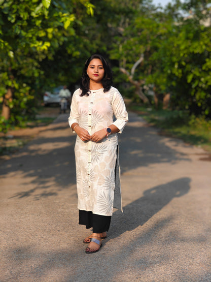 Off White Cotton Foil Print Straight Kurta 2171