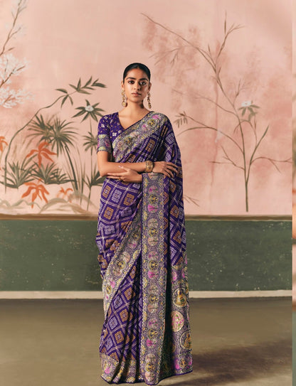 Pure Kaddi Georgette Zari Weaving Saree in Royal Blue with Bandhej-Inspired Checked Pattern and Traditional Border – Festive & Wedding Wear for Women