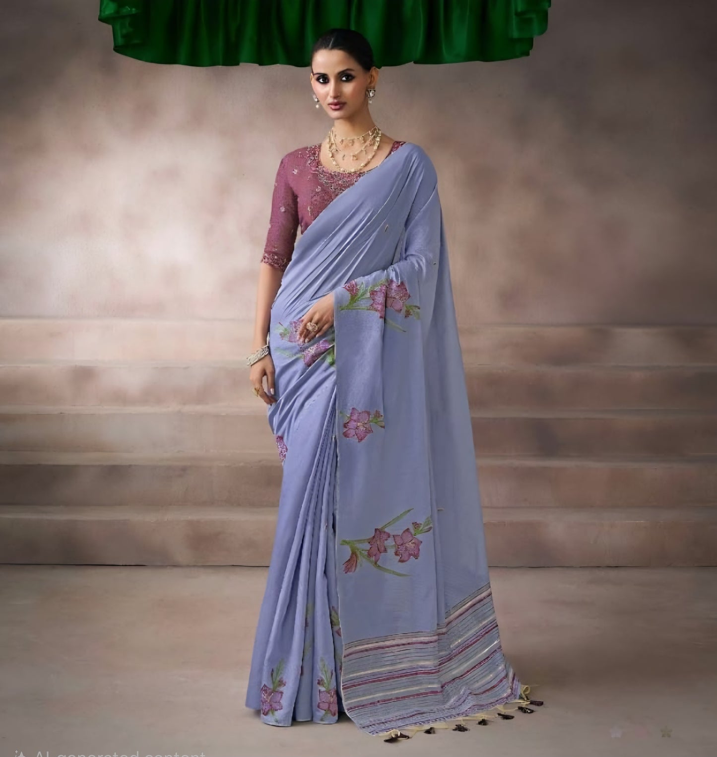 Lavender blue woven viscose saree in kora silk style with tassel pallu and embroidered blouse fabric
