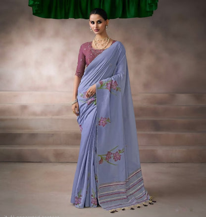 Lavender blue woven viscose saree in kora silk style with tassel pallu and embroidered blouse fabric