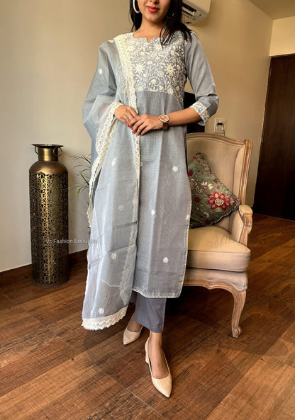 Graceful Grey: Embroidered Kota Doria Ensemble 2432