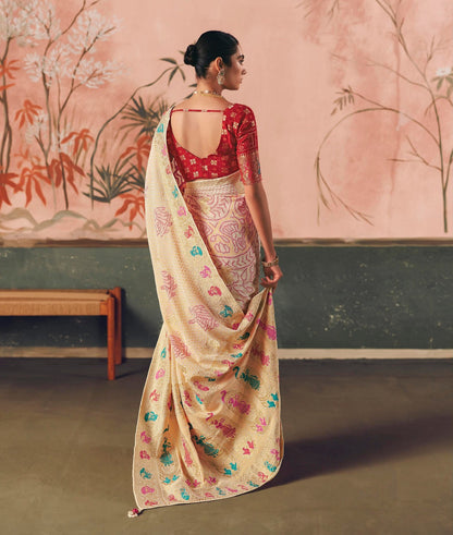 Pure Kaddi Georgette Zari Weaving Saree in Ivory Cream with Multi-Colour Meenakari-Style Floral Design – Festive and Wedding Wear Saree for Women