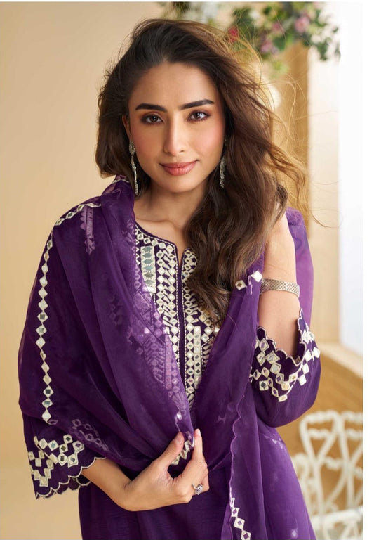 Purple Real Silk Mirror Embroidered Kurta Palazzo Dupatta Set for Women – Festive and Party Wear Designer Outfit (XL)