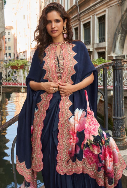 French Crepe Silk Jacket Blouse Dhoti Set with Handwork for Wedding Wear