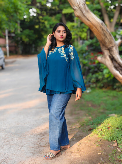 Teal Blue Georgette Embellished A-Line Top 3991