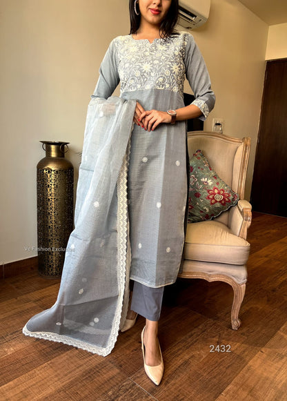 Graceful Grey: Embroidered Kota Doria Ensemble 2432