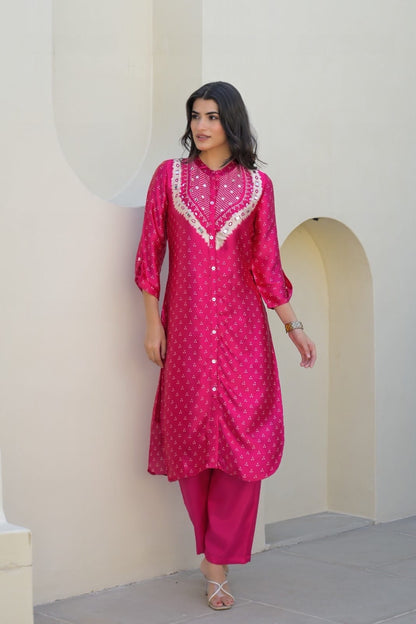 Gajji Silk Bandhani Printed Kurta Pant Set for Women with Mirror Work – Festive Wear, Sizes M to XXL