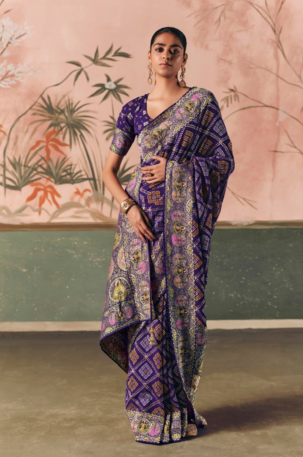 Pure Kaddi Georgette Zari Weaving Saree in Royal Blue with Bandhej-Inspired Checked Pattern and Traditional Border – Festive & Wedding Wear for Women