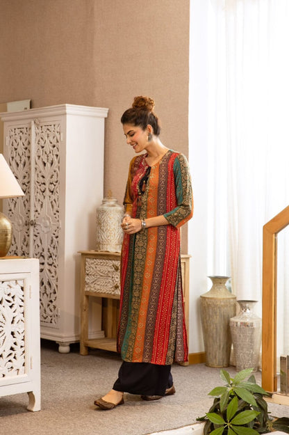 German Rayon Printed Kurta Pant Set for Women with Detailing Work – Sizes 38–46