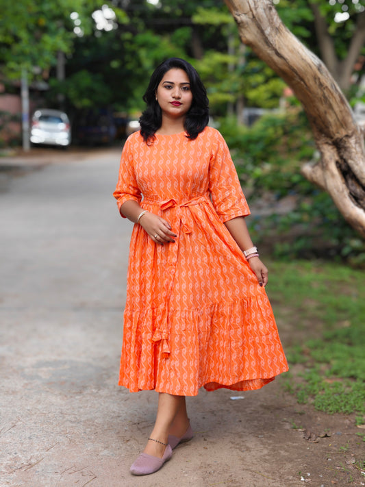 Orange Cotton Woven Design Tiered Western Dress 3870