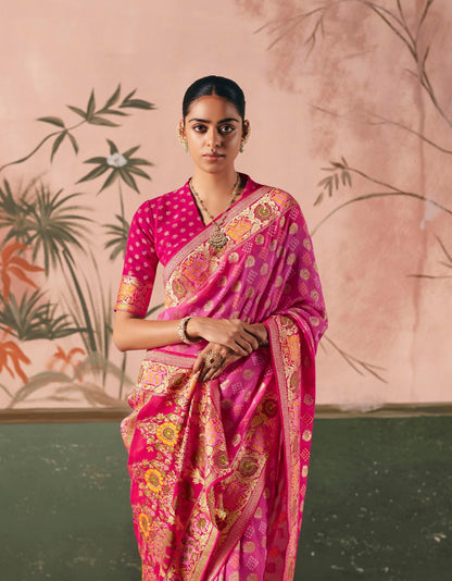 Pure Kaddi Georgette Zari Weaving Saree in Magenta Pink with Floral Jaal and Scalloped Border – Premium Festive & Wedding Wear for Women