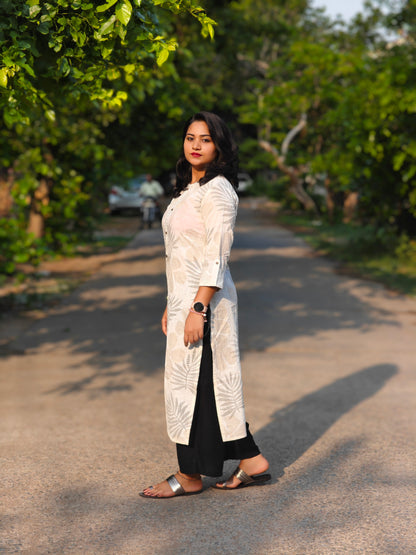 Off White Cotton Foil Print Straight Kurta 2171